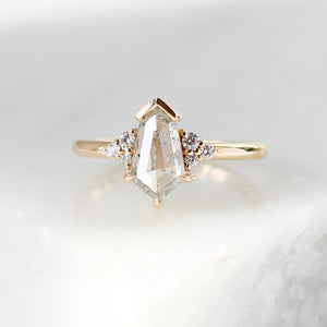 Shiled cut diamond ring in yellow gold front detail view