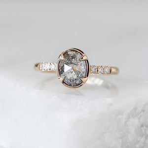 Rose cut oval diamond ring in yellow gold on mabrle front view