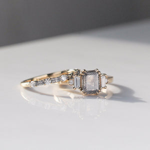 Deco Diamond Band stacked with large salt and pepper diamond ring in light side detail view 