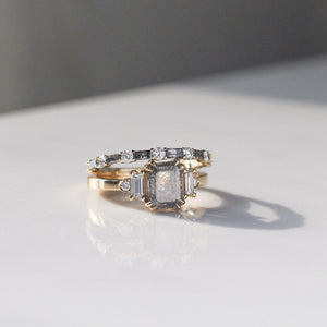 Deco Diamond Band stacked with Large salt and pepper diamond ring in light quarter view