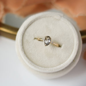 Pear diamond ring in yellow gold in jewelery box