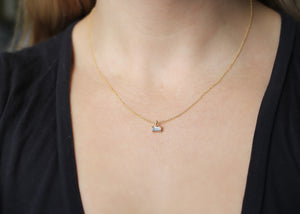 White Sapphire Baguette Necklace on chain being worn