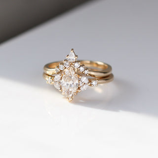 Folia Marquise Cut Champagne Diamond Ring stacked with crown diamond gold band quarter view