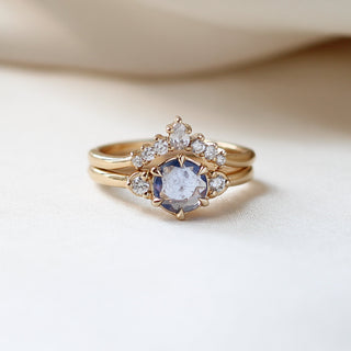 Round Blue Sapphire Ring paired with crown diamond gold band front view