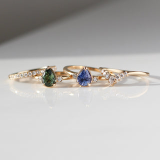  Pear Cut Green and Blue Sapphire rings with Diamond crown band 