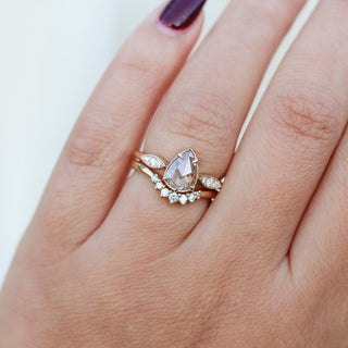  Pear Rose Cut Diamond Ring paired with diamond gold band wown on hand front view