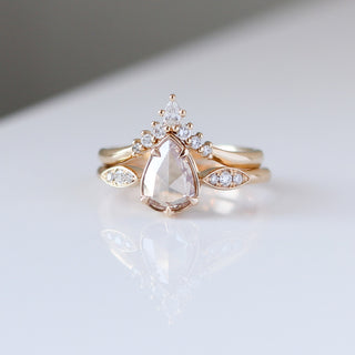  Pear Rose Cut Diamond Ring paired with crown diamond band front detail view 