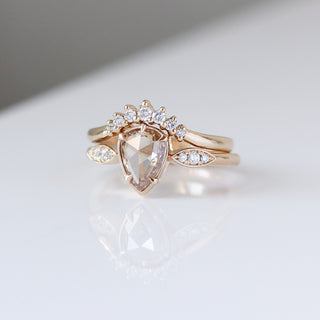  Pear Rose Cut Diamond Ring paired with diamond gold band with reflection front view