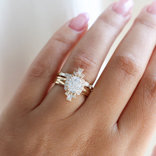 Ballerina Cushion Cut Lab Diamond Ring with diamond gold band being worn on hand