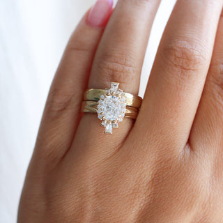 Ballerina Cushion Cut Lab Diamond Ring paired with thick gold band on hand 