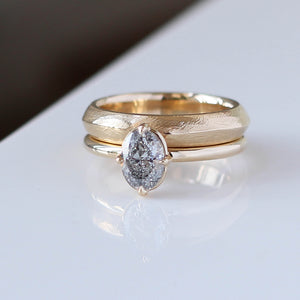 Oval Salt and Pepper Diamond Ring stack on white table top