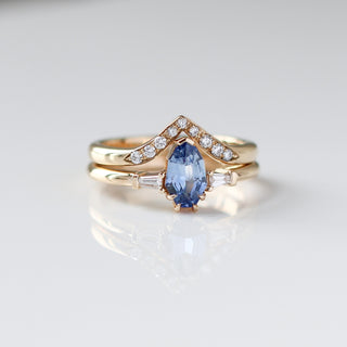 Shield Cut Blue Sapphire Ring  with diamond gold band detail front view