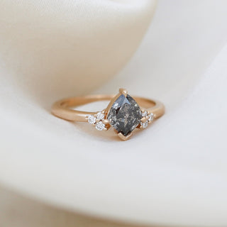 Shield shaped salt and pepper diamond ring front view