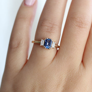  Emerald Cut Blue Sapphire Ring on hand