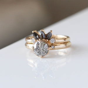 Round salt and pepper diamond ring with marquise salt and pepper diamond band