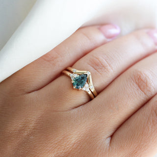 Pear Teal Green Sapphire Ring stacked with 3 point diamond gold band worn on hand 