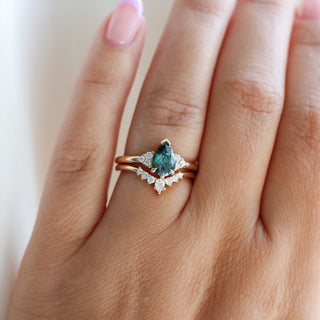 Pear Teal Green Sapphire Ring paired with crown diamond  band on hand