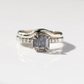 1.18ct Emerald Cut Salt & Pepper Diamond Ring stacked with white gold curved band, front view