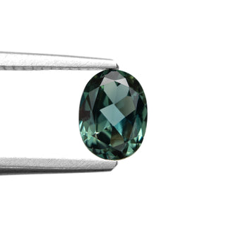 Teal oval brilliant cut sapphire in tweezers
