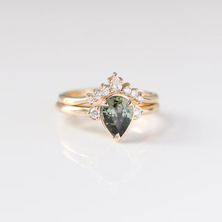 Lagoon Pear Green Sapphire Ring stacked with diamond crown gold ring front view 