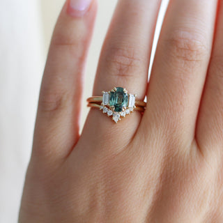 Trilogy Oval Green Sapphire Ring stacked with crown diamond gold band worn on hand front view