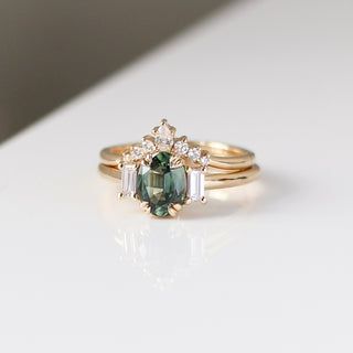 Trilogy Oval Green Sapphire Ring stacked with crown diamond gold ring detailed front view