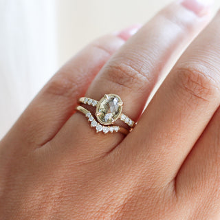  Oval Champagne Salt & Pepper Diamond Ring with diamond wave band on hand detailed front view