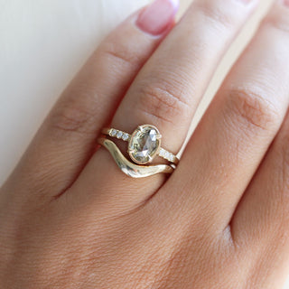  Oval Champagne Salt & Pepper Diamond Ring paired with wave gold band worn on hand 