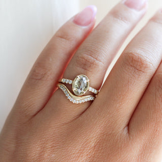  Oval Champagne Salt & Pepper Diamond Ring paired with diamond gold band being worn on hand front detailed view