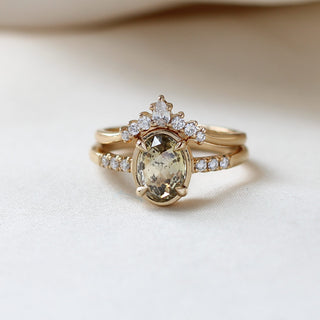  Oval Champagne Salt & Pepper Diamond Ring stacked with Crown diamond Gold band front view