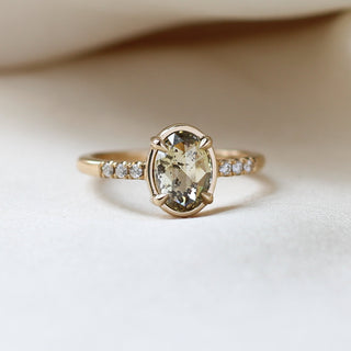  Oval Champagne Salt & Pepper Diamond Ring quarter front view on fabric