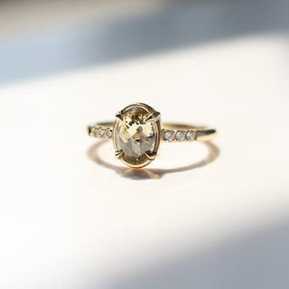  Oval Champagne Salt & Pepper Diamond Ring in sunlight quarter detailed view 