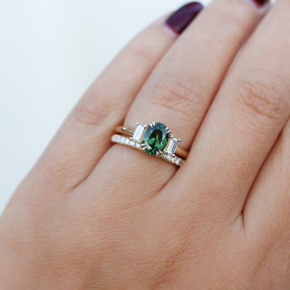 Oval Cut Green Sapphire Ring with Diamond Gold Band worn on hand 