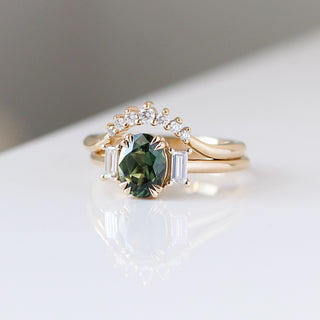 Oval Cut Green Sapphire Ring with Diamond Wave Gold Band quarter view 