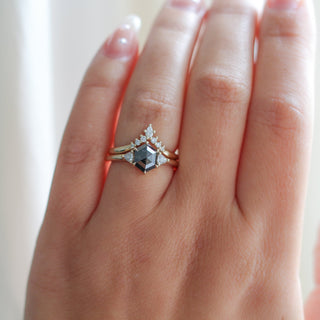 Hexagon Cut Black Diamond Ring with crown diamond band on hand