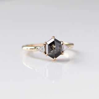 Hexagon Cut Black Diamond Ring quarter side detail view