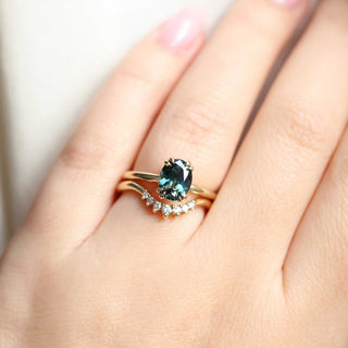 Teal oval sapphire solitaire ring wedding set on hand
