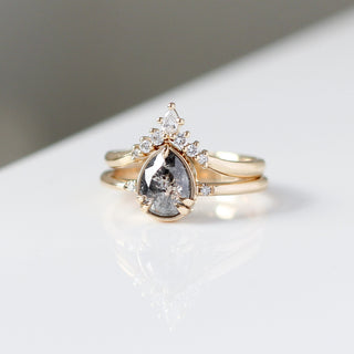 Pear Cut Salt & Pepper Diamond Ring paired with crown diamond gold band