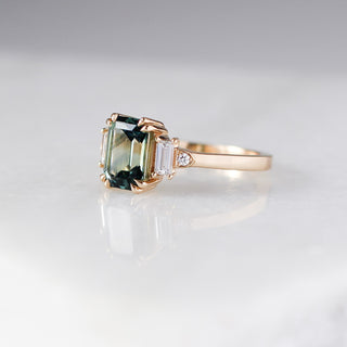 Emerald Cut Teal Sapphire Ring quarter side view close up