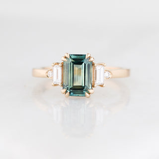Emerald Cut Teal Sapphire Ring close up front view