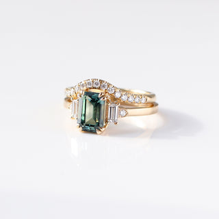 Emerald Cut Teal Sapphire Ring with diamond gold band quarter view