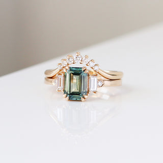 Emerald Cut Teal Sapphire Ring stacked with wave diamond gold band 