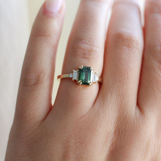 Misceo Emerald Cut Green Sapphire Ring worn on hand front view