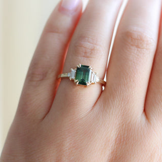 Misceo Emerald Cut Green Sapphire Ring on hand front view