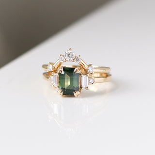 Misceo Emerald Cut Green Sapphire Ring stacked with Diamond Gold Band detailed front view