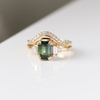 Misceo Emerald Cut Green Sapphire Ring paired with wave diamond gold band detailed front view