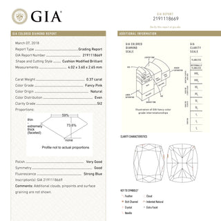 0.37ct 4.02x3.60x2.65mm GIA SI2 Fancy Pink Cushion Brilliant 🇦🇺 24141-01