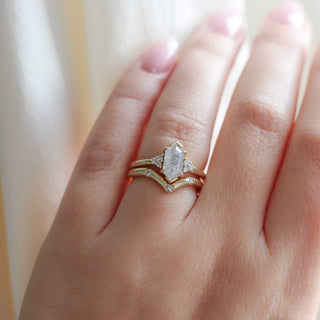 Three diamond chevron band wedding set on hand