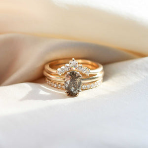 Champagne salt and pepper diamond solitaire ring wedding stack in sunlight