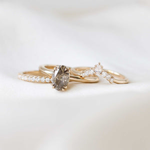 Champagne salt and pepper diamond solitaire ring in wedding stack detail